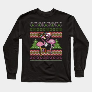 Merry Christmas Hat Santa Flamingo Light Snow Xmas Pajamas Long Sleeve T-Shirt